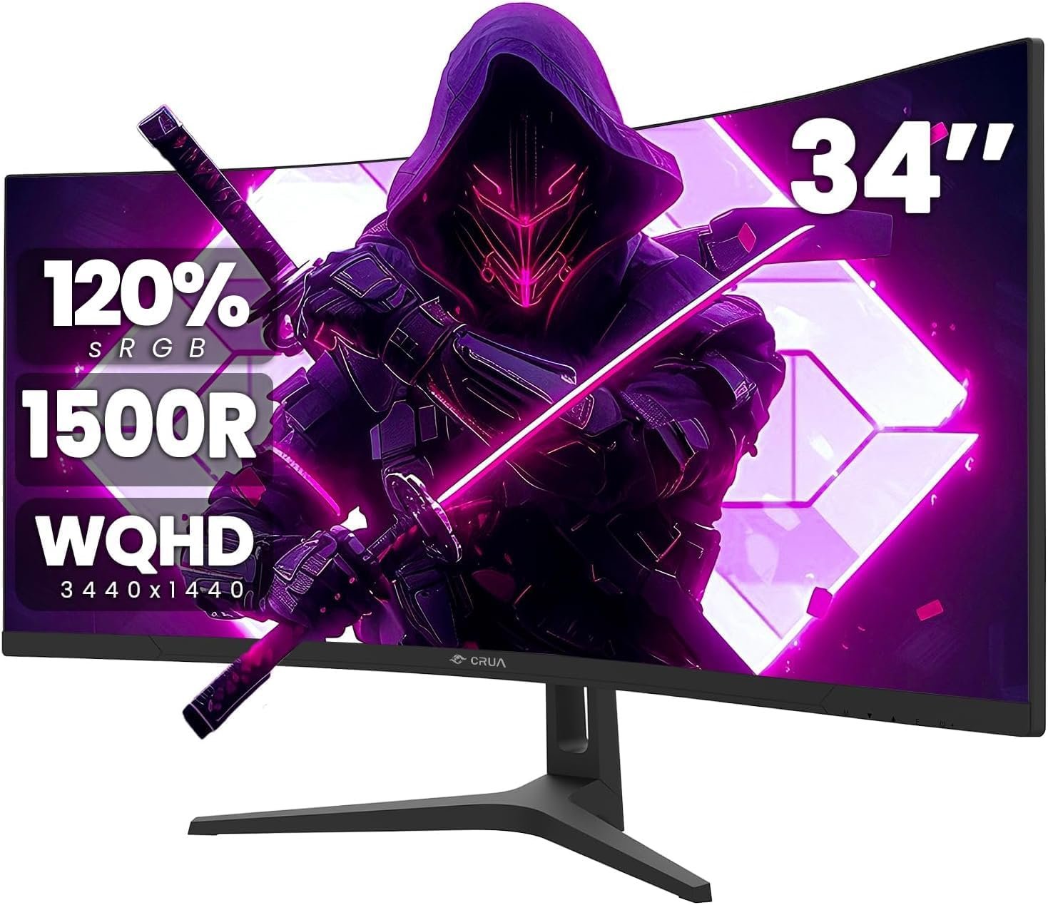 CRUA 34″ WQHD 165Hz Ultrawide Curved Gaming Monitor, 1500R, FreeSync, Black