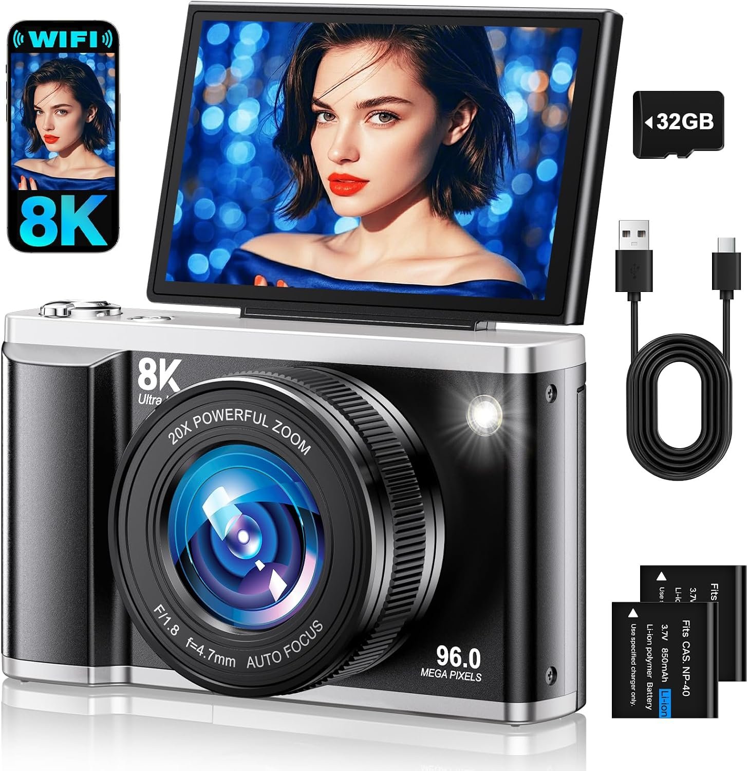 8K Digital Camera for Photography with WiFi 96MP Autofocus Vlogging Camera for YouTube Video 3.5” 180°Flip Screen 20X Zoom Anti-Shake Compact Point and Shoot Cameras for Beginner Creator with SD Card