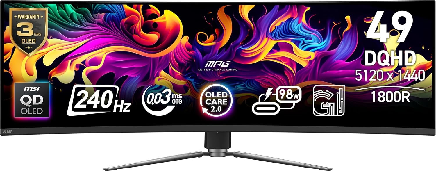 msi MPG 491CQPX QD-OLED 49-inch QD-OLED 5120 x 1440 (DQHD) Computer Monitor, 240Hz, G-SYNC Compatible, HDMI, Display Port, VGA Port, VESA Mountable, Tilt, Height Adjustable, Speaker, 0.03ms, Black