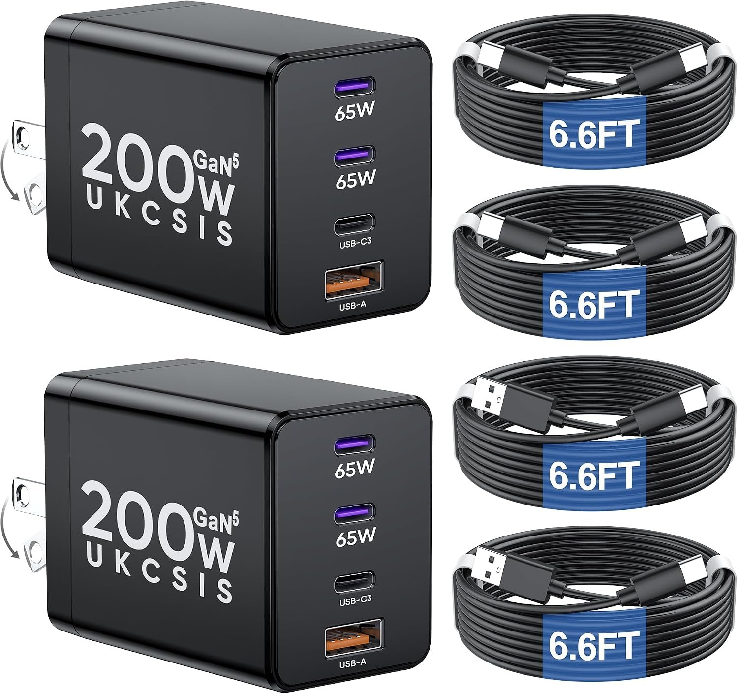 2 Pack 200W USB C Charger Block, Foldable GaN5 Dual 65W Fast Charger USB C