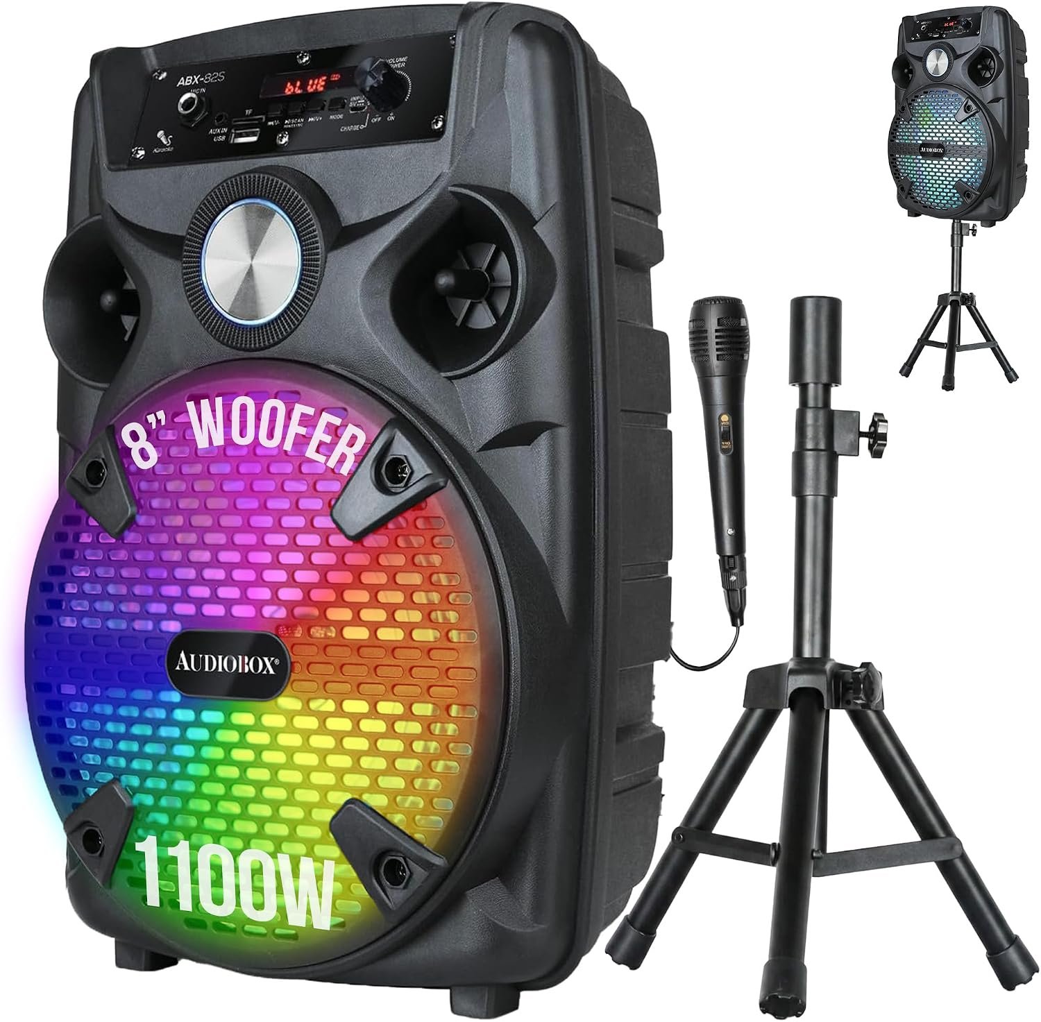 Audiobox Bluetooth Party Speaker with Stand & Wired Microphone, 8″ Woofer