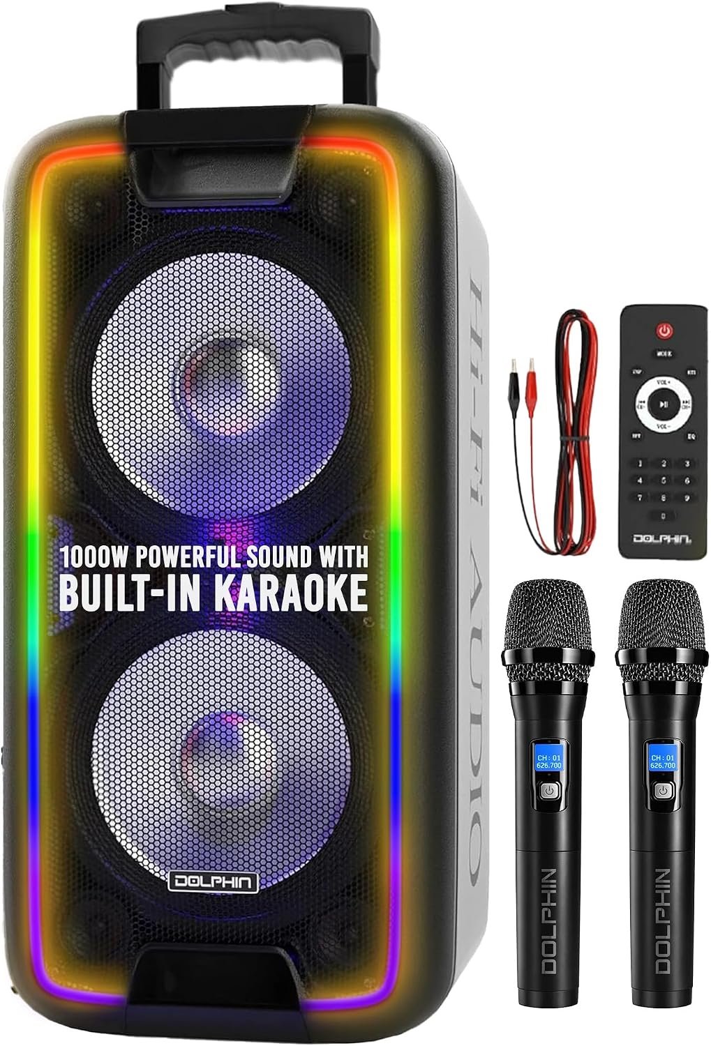 Dolphin Bluetooth Party Speaker with 2 Wireless Mics, Dual 10″ Woofers