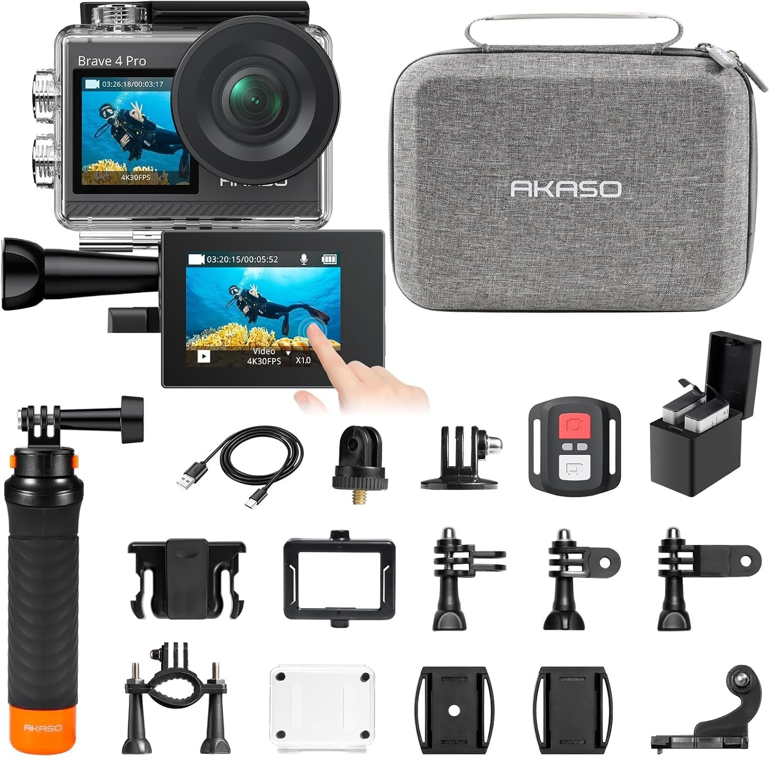 AKASO Brave 4 Pro Action Camera with Floating Hand Grip Carrying Bag Bundle
