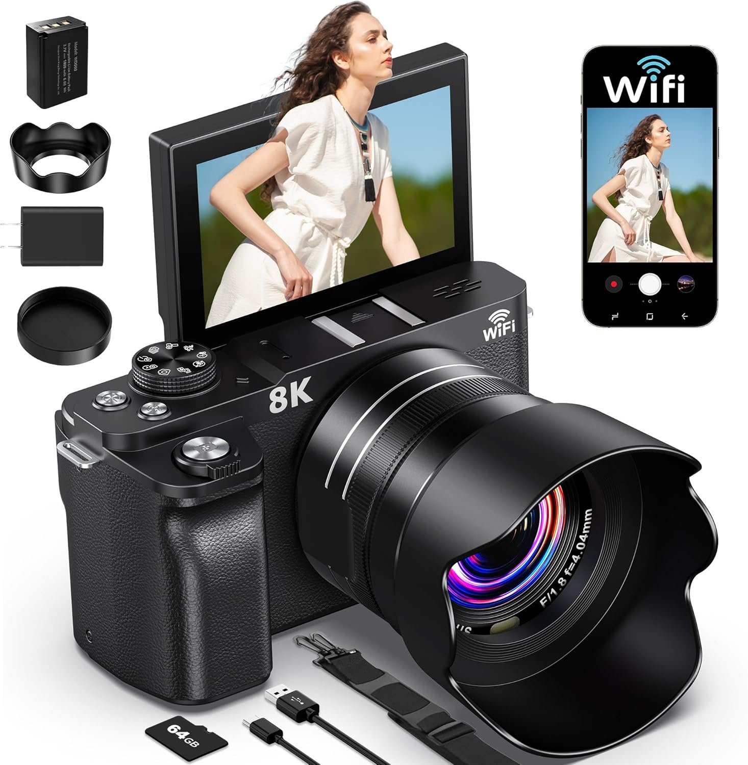 8K Digital Camera, 88MP WiFi Cameras for Photography, 3″ 180° Flip Screen