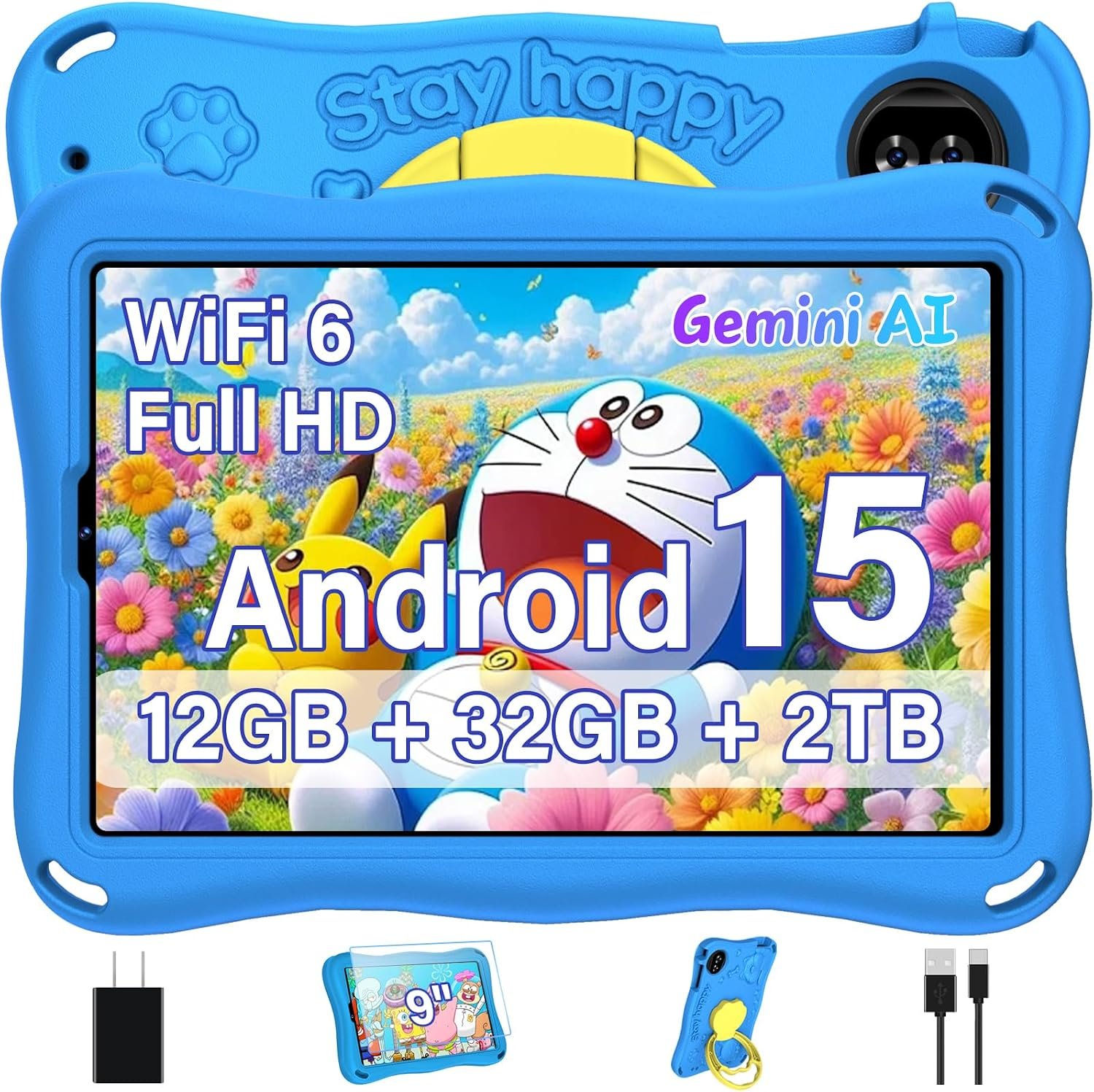 Kids Tablet, Android 15 Tablets for Kids with Octa-Core, 9 inch Toddler Tablet with 12GB 32GB 2TB Expand, 1340*800 IPS Display, Drop-proof EVA Case, Parental Control, Dual Camera, WiFi 6 – Blue