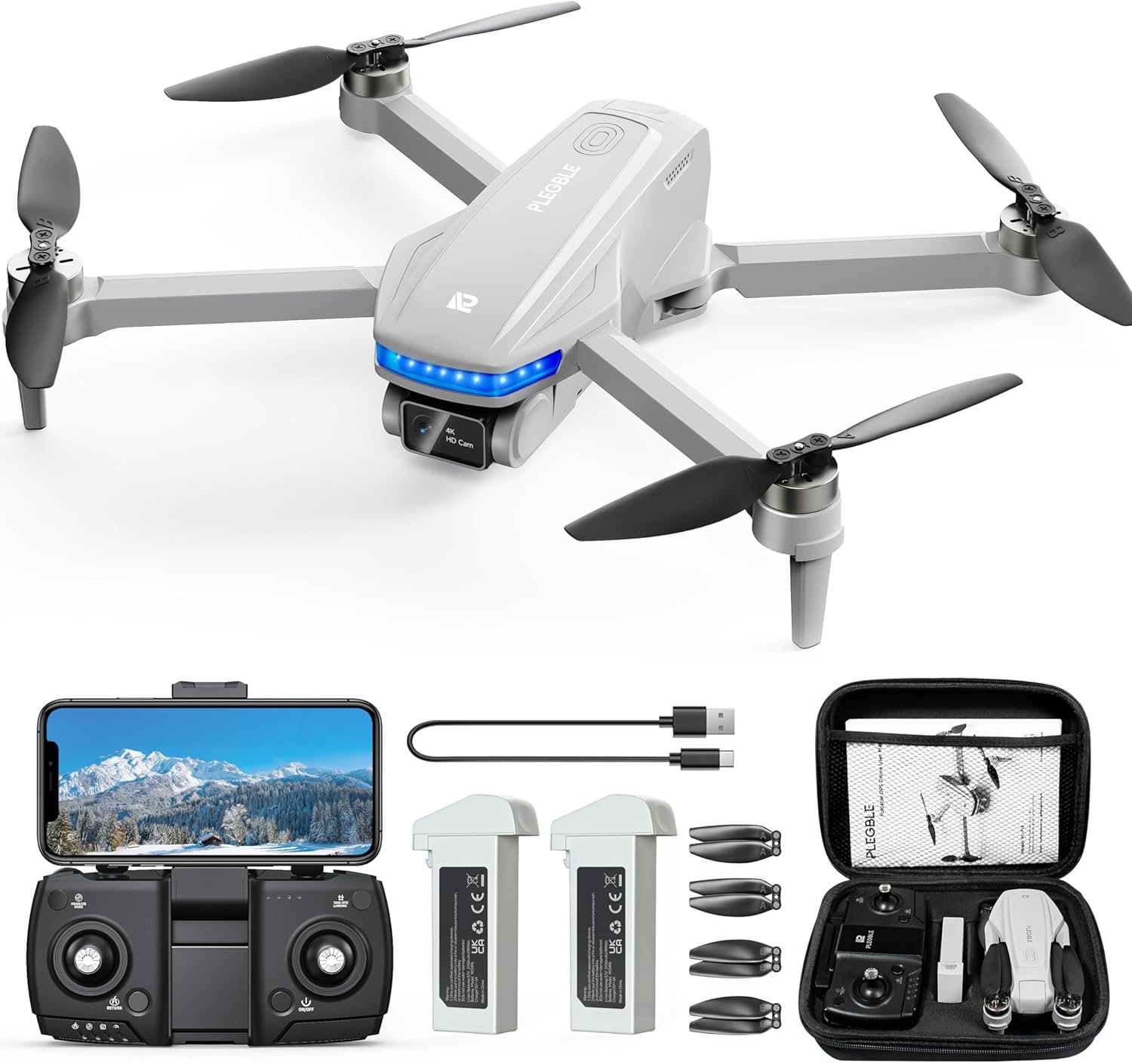 PLEGBLE Drones with Camera for Adults 4K, GPS Drone, One-Key Auto Return