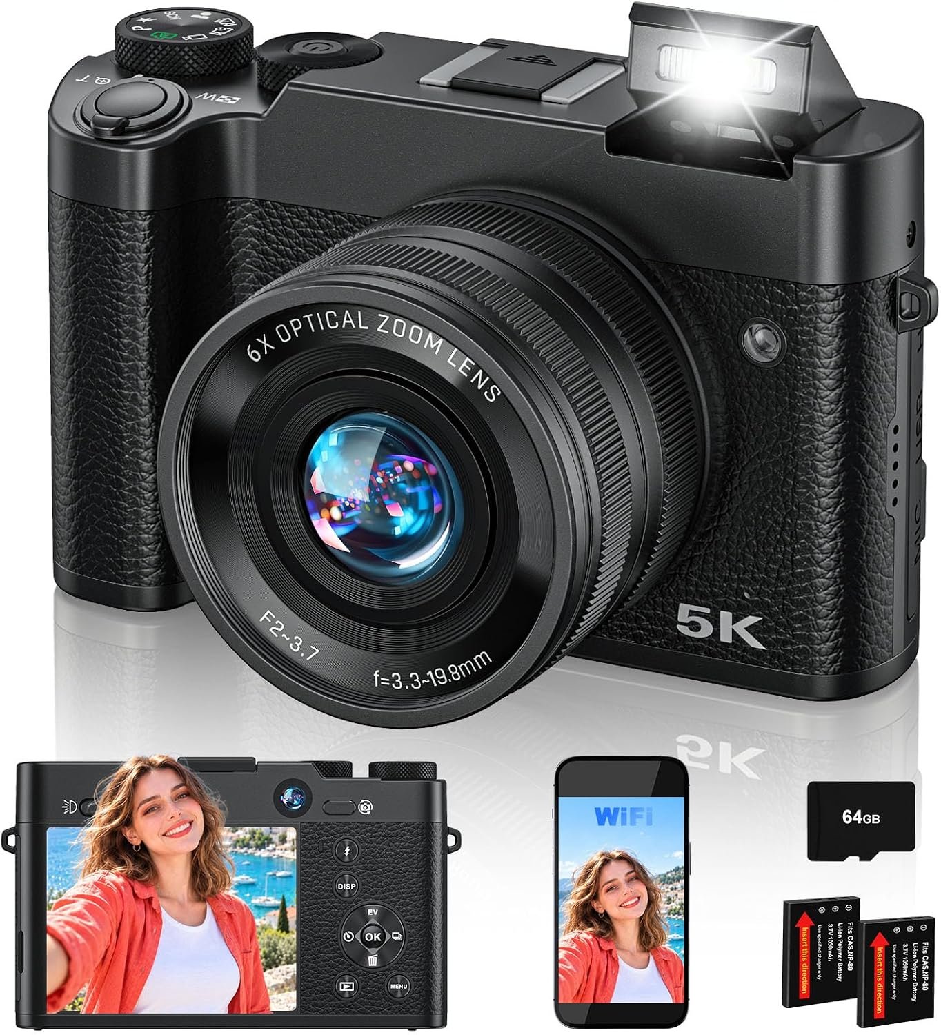 5K Digital Camera with 6X Optical Zoom,64MP WiFi Camera with 64GB Card