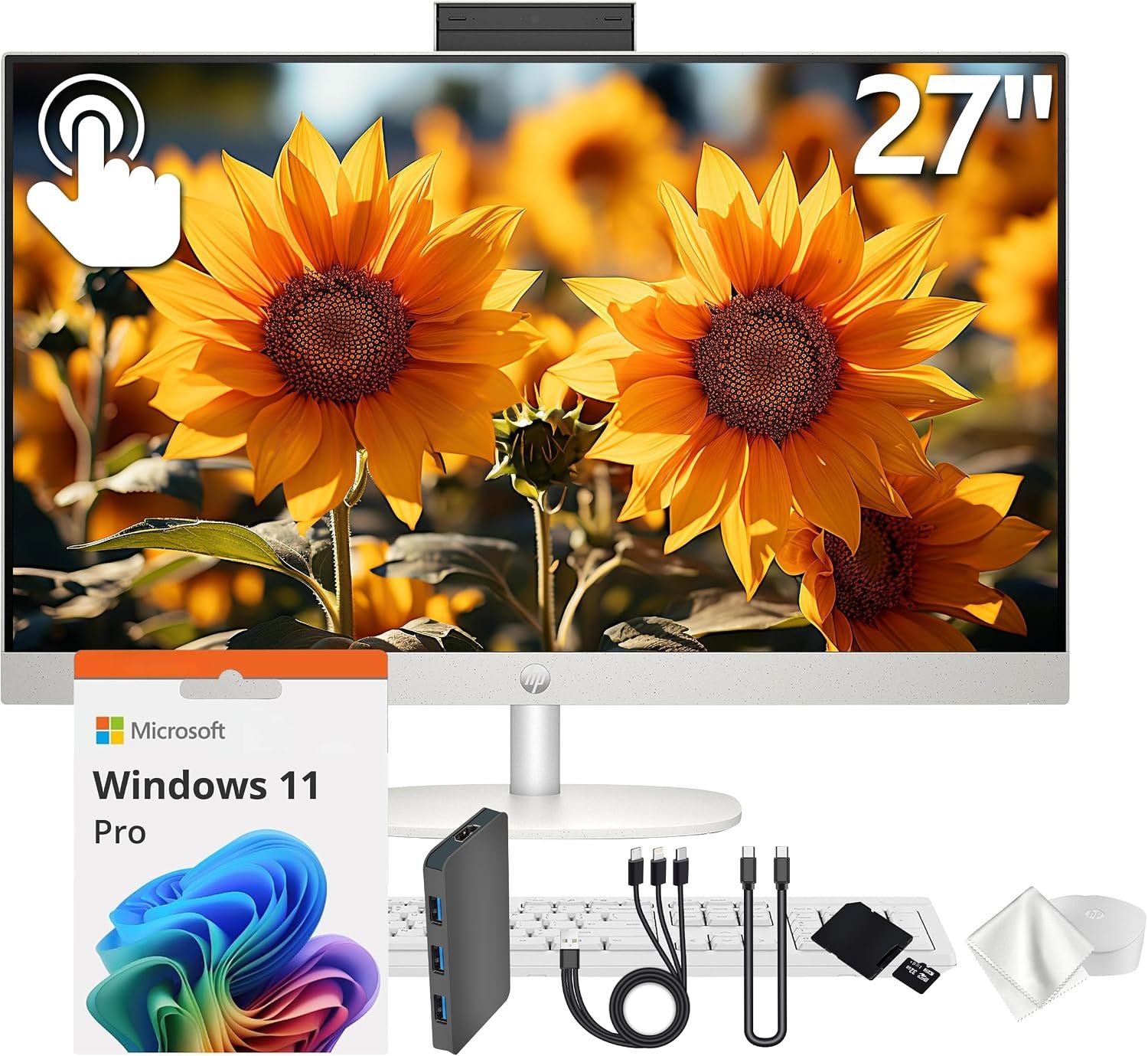 HP 27″ FHD Touchscreen All-in-One Desktop, AMD Ryzen 5 7520U, 16GB LPDDR5, 2TB Storage (1TB SSD&1TB Docking Station), FHD IR Camera, Wi-Fi 6, Wireless Keyboard & Mouse, Windows 11 Pro, White