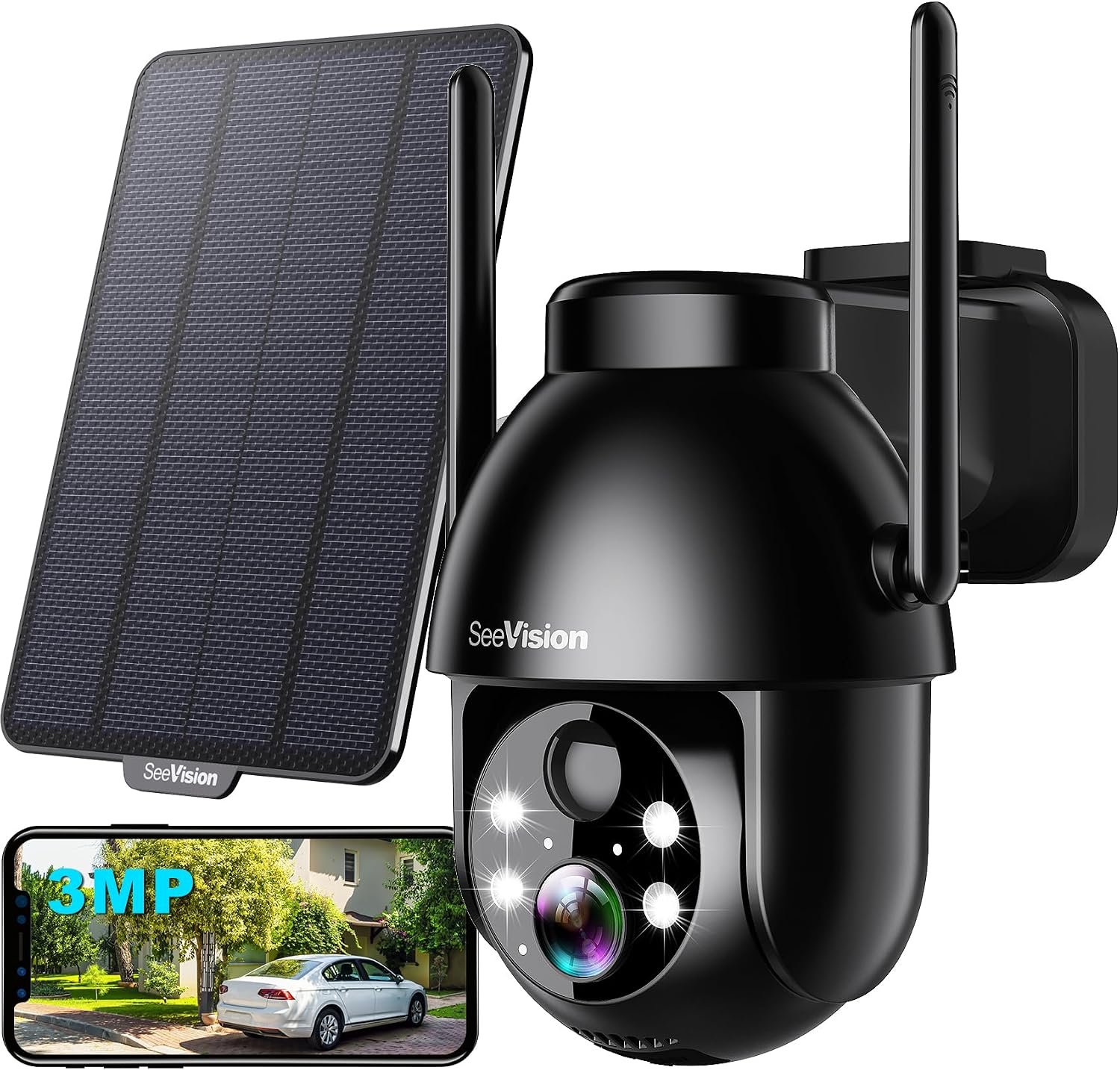 SeeVision Solar Security Cameras Wireless Outdoor, 2K PTZ WiFi 3MP Indoor Security Camera for Home with Spotlight, PIR Motion Detection,Siren, Color Night Vision, 2-Way Talk, SD/Cloud Storage