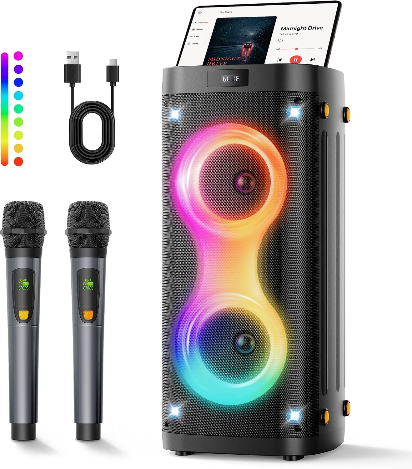 Karaoke Machine, Bluetooth Party Speaker with 2 Wireless Rechargeable Mics