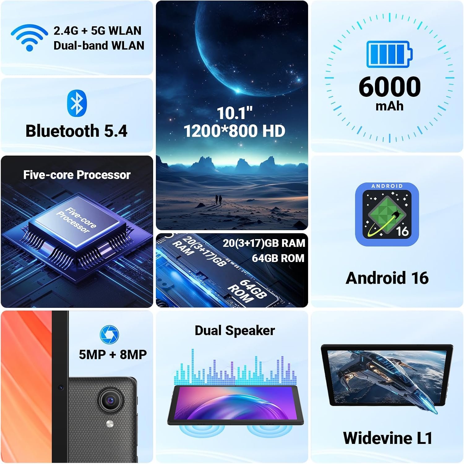 Jeazans Tablet, 10.1″ Android 16 Tablet, 20GB RAM 64GB ROM 1TB Expand, 6000mAh Battery, Dual 5MP+8MP Camera, 1280×800 IPS HD Touchscreen, Widevine L1, Wi-Fi 6 BT 5.4 GMS Certified, Face Unlock
