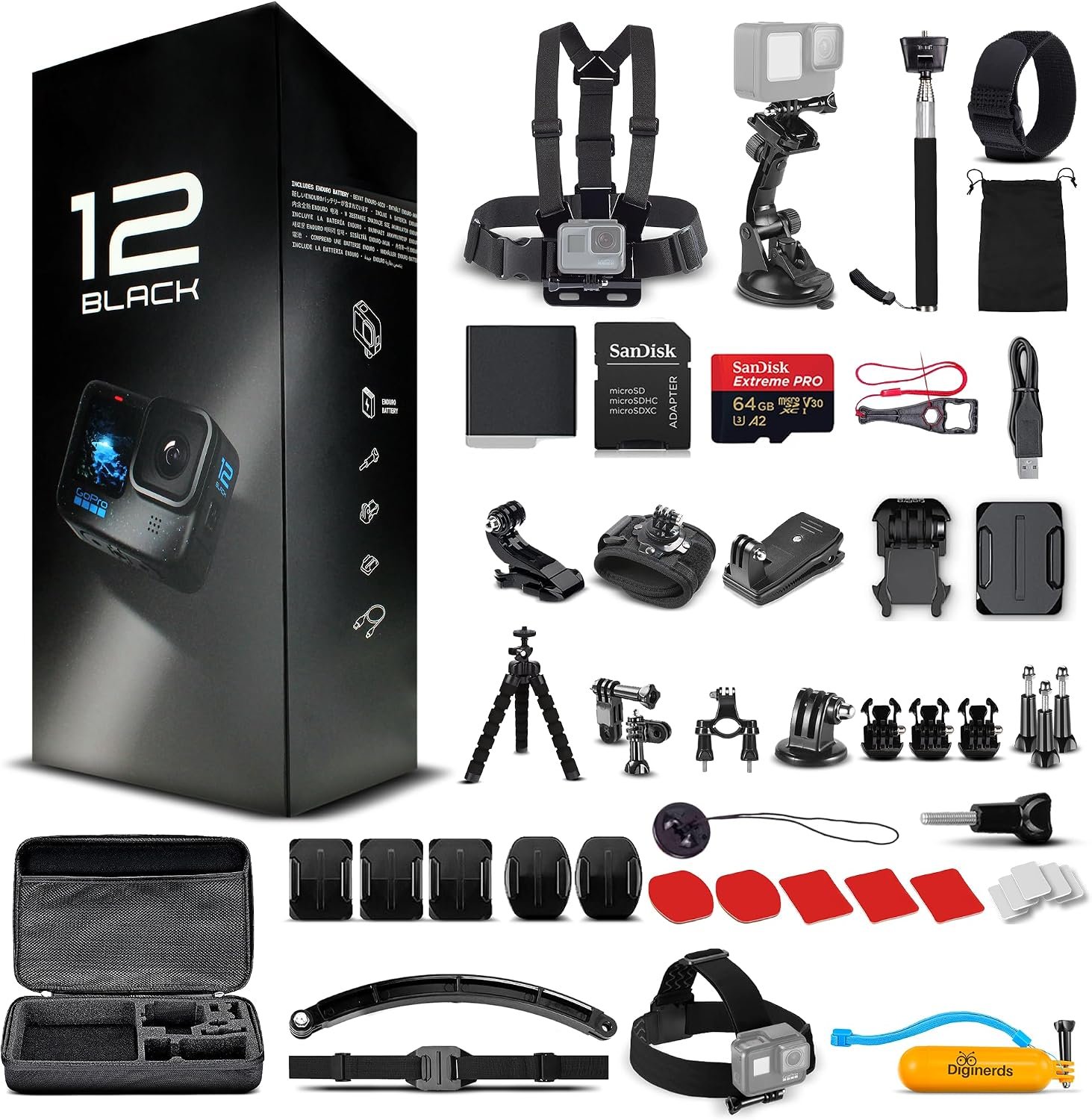 GoPro HERO12 (Hero 12) Black – Waterproof Action Camera with 5.3K HDR Video, 27MP Photos, 1/1.9″ Image Sensor, Live Streaming, Webcam, Stabilization + 64GB Card & 50 Piece Accessory Kit – Bundle