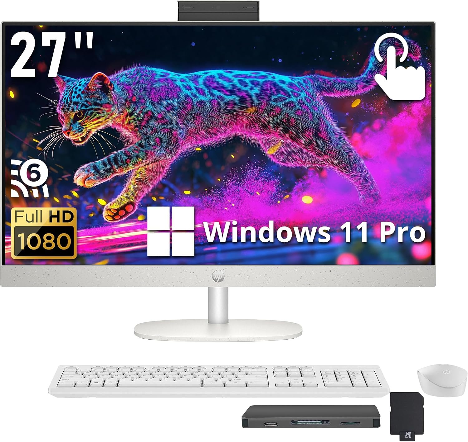 HP 27″ FHD Touchscreen All-in-One Desktop, AMD Ryzen 5 7520U, 16GB LPDDR5, 672GB Storage (512GB SSD+160GB Docking Station), FHD IR Camera, Wi-Fi 6, Wireless Keyboard & Mouse, Windows 11 Pro, White