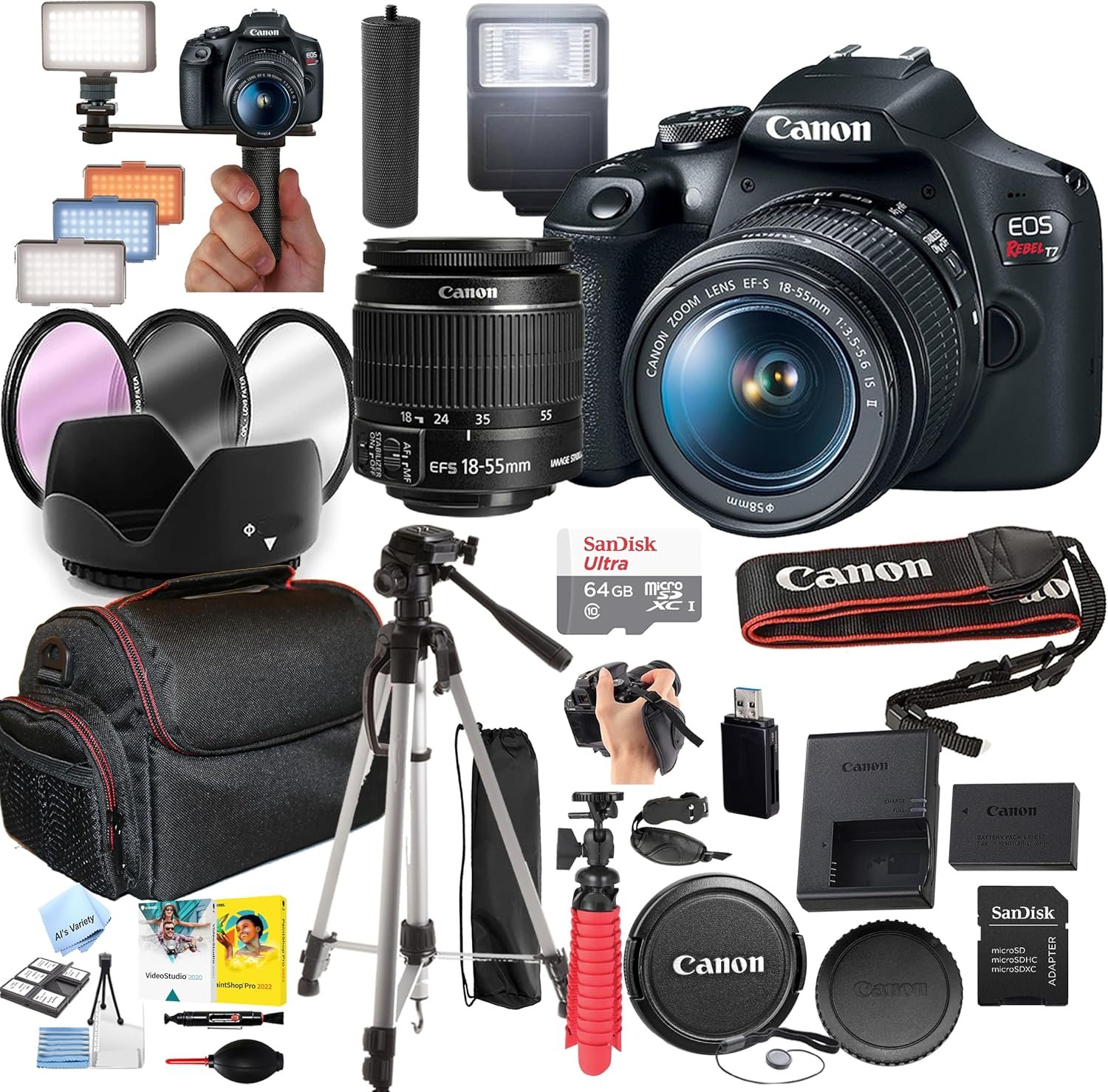 Canon EOS Rebel T7 DSLR Camera with 18-55mm Lens, 24.1MP APS-C, SanDisk Ultra SD Card, Slave Flash, LED Light, Tripod & Accessory Bundle (Renewed)